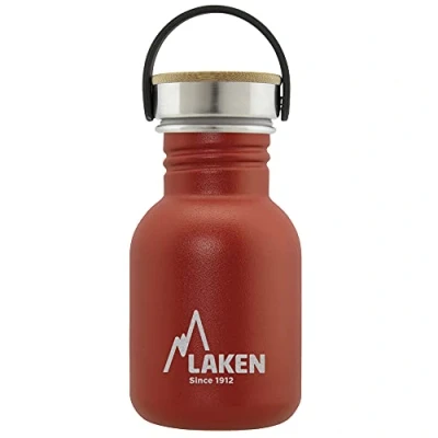 Imagen de LAKEN Botella Agua Acero Inoxidable con Tapón Bamboo y Boca Ancha, (0,35L Rojo) Reutilizable, Ideal para Montaña, Camping, Deportes más