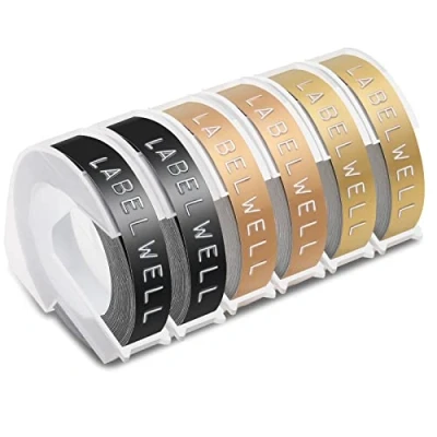 Imagen de 6x Labelwell 9mm x 3m Reemplazo de Etiqueta Compatible para Dymo 3D Cinta Estampación Autoadhesiva Organizer Xpress Junior S0717910 Omega S0717930, E 101, Negro/Oro/Oro Champagne