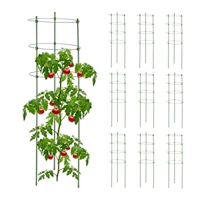Imagen de Relaxdays Pack 10 Tutores Plantas, 90 cm Alto, Soporte Enredaderas 4 Anillos, Guía Trepadoras, Metal y Plástico, Verde, Acero