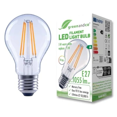Imagen de greenandco bombilla de filamento LED transparente E27 A60 5W 1055lm sustituye A 75W 2700K blanco cálido 320 230V sin parpadeo clase energética no regulable