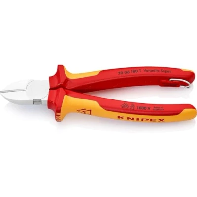 Imagen de Knipex Alicate de corte diagonal cromado, homologado por VDE; con anilla fijación aislada e integrada para colocar una protección anticaída 180 mm (cartulina autoservicio/blíster) 70 06 T BK