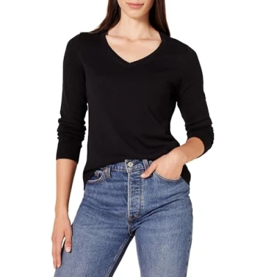Imagen de Amazon Essentials Jersey Ligero de Manga Larga con Cuello en V y Corte Estándar (Disponible Tallas Grandes) Mujer, Negro, XL Grande