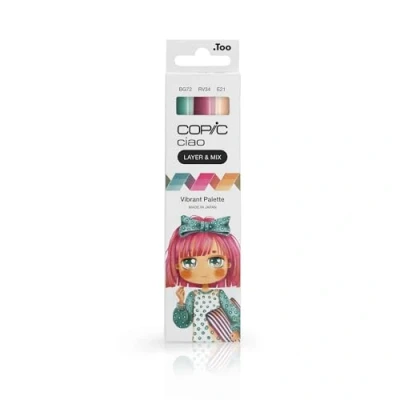 Imagen de COPIC Ciao LAYER &amp; MIX «Vibrant Palette», Juego de rotuladores 3 colores diferentes, rotulador trazado con punta mediana y pincel.