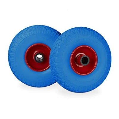 Imagen de Relaxdays Set de Dos Ruedas Carretilla, Neumático Goma 3.00 4, Eje 25mm, hasta 100 kg, Azul Rojo