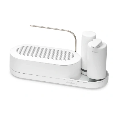 Imagen de Brabantia SinkStyle Juego de Organizador para encimera Fregadero Cocina con dispensador jabón y escobilla (Blanco Fresco Mineral) Cepillo Platos Bandeja Goteo,