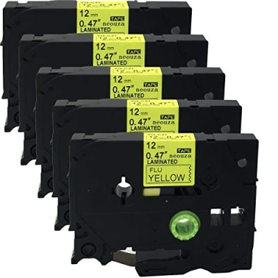 Imagen de Cartucho de cintas colores 12 mm x 8 m, compatible con Brother P Touch TZe y Tz, pack 5 unidades , color C31 Black on Yellow Fluorescent
