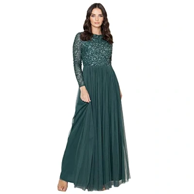 Imagen de Maya Deluxe Vestido Maxi de Manga Larga Adornado para Dama Honor, Verde Esmeralda, 40 Mujer