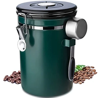 Imagen de Frasheng Bote para Cafe,1.8L Tarro hermetico,contenedor de Acero Inoxidable,Caja Almacenamiento Alimentos,con Valvula CO2 y Cuchara,para Cafe Grano o molido,Verde