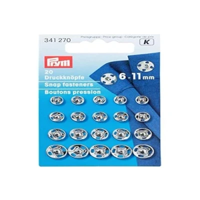 Imagen de Prym Sew On Snap Fasteners, Latón, Silver, 11 mm, Surtidos, Color Plata, 20 Piezas