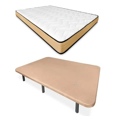 Imagen de Mattfy Cama Completa con Colchón Aura Reversible + Base Tapizada Reforzada Color Beige 6 Patas, Madera, 90 x 190