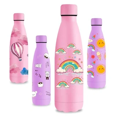 Imagen de Vikastar Botella Termica, 0.5L Sin BPA, Agua Acero Inoxidable, Reutilizable, Cantimplora, a Prueba de Fugas, Doble Aislamiento, para Niños, Deportes, Fitness, Rosa Arcoiris