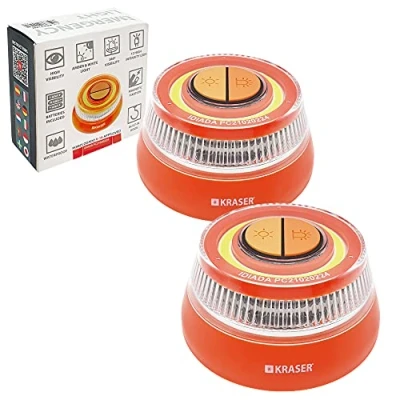 Imagen de KRASER KR4V16NP2 Pack 2 Luz Carretera Naranja, Holomogada DGT LED Intensidad, Baliza Luminosa de Emergencia Imantada, Autónoma, Pilas Incluídas, Compacta Linterna con Colgador