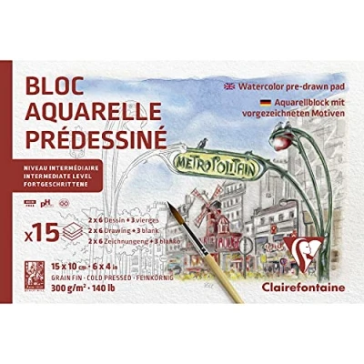 Imagen de Clairefontaine 975727C Bloc pre dibujado de 15 hojas (2 x 6 diseños) 10 cm 300 g, París post card