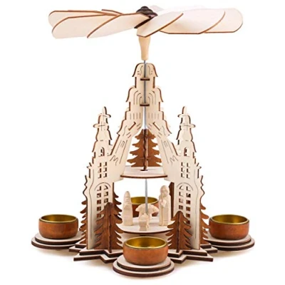 Imagen de BRUBAKER Pirámide de Navidad 29 cm María, José y Jesús Nivel 2 té con 4 portavelas Madera Natural Figuras talladas