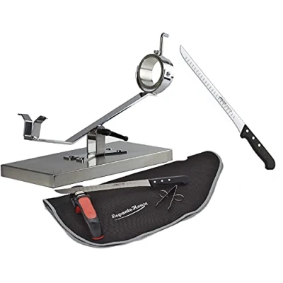 Imagen de Jamonero Profesional Inoxidable Giratorio Y Basculante, jamonera Modelo Future + Set DE Corte Cuchillo Arcos Alveolado Afilador Pinza Cubre Jamon LepantoHouse