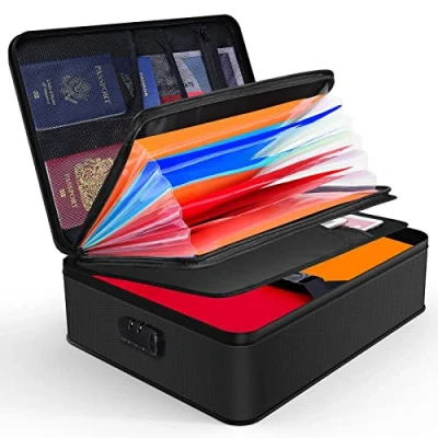 Imagen de JUNDUN organizador de documentos, bolsa documentos ignífuga con cerradura, caja almacenamiento 7 compartimentos, archivos, maletín portátil para