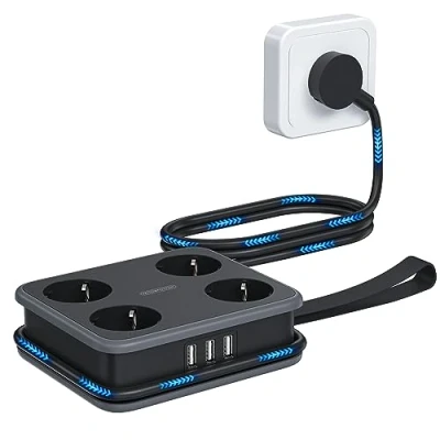 Imagen de Regleta de enchufes USB Corriente Múltiple NTONPOWER 3 y 4 Tomas, Regletas Enchufe con Cable Extensión 1,6 Metros para Hogar Oficina, Negro