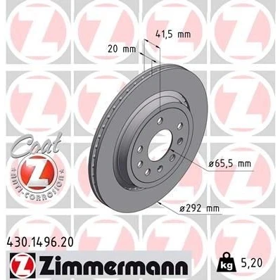 Imagen de ZIMMERMANN COAT Z 430.1496.20 Disco de freno 292 20 8/5 5 110 ventilación externa revestido OPEL: Vectra C Berlina, CC, Caravan
