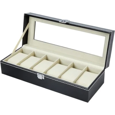 Imagen de Caja Relojes con 6 Compartimentos, Ohuhu para Tapa de Cristal y Cojín Extraíble, Organizador, Regalo Cumpleaños Día del Padre Navidad