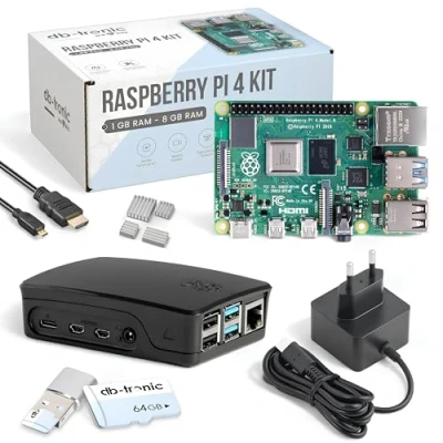 Imagen de Raspberry Pi 4 2GB Starter Kit Black Fuente de alimentación oficial 15 W Carcasa Edición 64 GB Cable Micro HDMI 4K Juego disipador calor