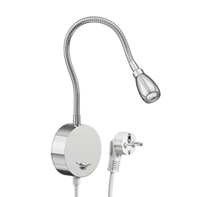 Imagen de ledscom.de lámpara de lectura/plafón LED HAN, cuello cisne, interruptor, enchufe, cromo brillante, blanco, luz nocturna, noche, dormitorio, flex, iluminación