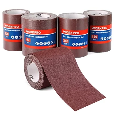 Imagen de WORKPRO 4 piezas Rollos de Papel Lija para Metal y Madera, 5m x 93mm, Grano 60#、120#、180#、240#, Hojas Lija，para Lijadora Orbital