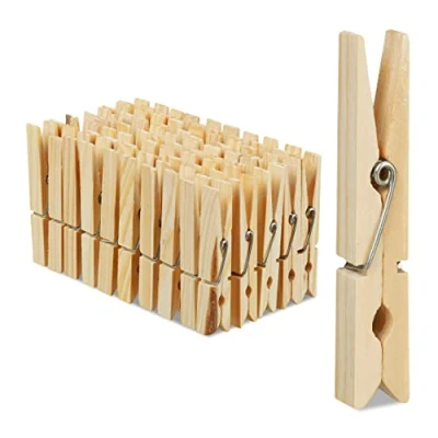 Imagen de Relaxdays Set de 100 Pinzas Ropa Grandes para Tender, Colada, Manualidades, Muelle, Madera Metal, 7 x 1,4 1 cm, Marrón