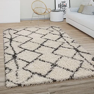 Imagen de Alfombra Salón Pelo Largo Shaggy Motivo Moderno Boho Escandinavo Rombos, tamaño:160x220 cm, Color:Crema Antracita 2