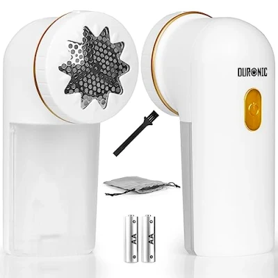 Imagen de Duronic FS22 WE Quitapelusas eléctrico recargable con cable 2 alturas Bolsa de almacenamiento Reacondiciona y recicla la ropa Prendas vestir como nuevas Sostenible Color blanco