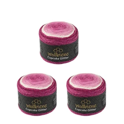 Imagen de Cupcake Glitter Simli 3 ovillos de 150 g lana para tejer, 450 g, tejer y hacer ganchillo, turca, color degradado (3200 bayas, blanco rosa)
