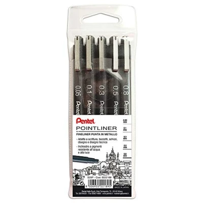 Imagen de Pentel S20P Pointliner, fineliner negro bolsillo 5 unidades (punta 0,05 0,1 0,3 0,5 0,8 mm)
