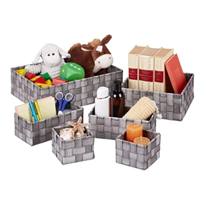 Imagen de Relaxdays Cestos Almacenaje, Set de 6, 4 Tamaños, Plástico Estilo Madera, Tejidos, Estantes y Armarios, Color Gris