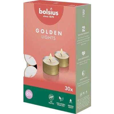 Imagen de Bolsius Velas de Té Con Taza Dorada Paquete 30 8 Horas Combustión Decorativas para el Hogar Sin Perfume Cera Vegana Natural Aceite Palma
