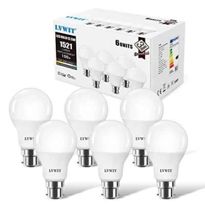 Imagen de LVWIT Bombillas LED A60, Casquillo B22, 14W equivalente a 100W, 6500K Luz Blanca Fría, 1521 lm, Bajo consumo, No regulable Pack de 6 Unidades.