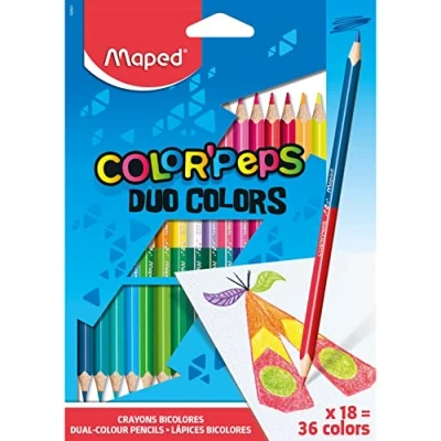 Imagen de Maped Pinturas de Madera Lápices Colores Duo 18 con Doble Punta 36 Diferentes Mina Blanda y Resistente Incluye 1 Lápiz Oro Plata