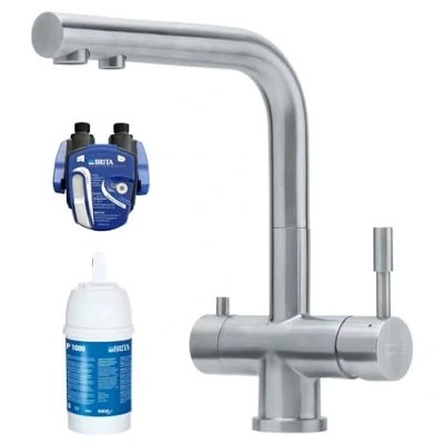 Imagen de FRANKE Wellfresh 110 grifo de cocina con filtro Brita P1000 3 vías salida en L, acero inoxidable macizo, cocina, mezclador fregadero, tres vías, para sistemas