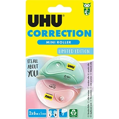Imagen de UHU Rollers Corrector Pastel Mini Cinta correctora rápida, limpia y precisa, blanco, lote 2 de 6 m x 5 mm