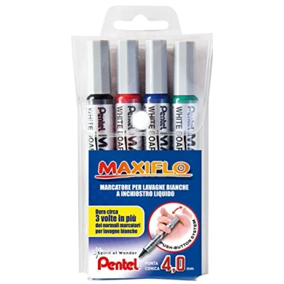Imagen de Pentel MWL5S Maxiflo Marcador para pizarras blancas, punta de 4,0 mm, 4 unidades, negro/rojo/azul/verde