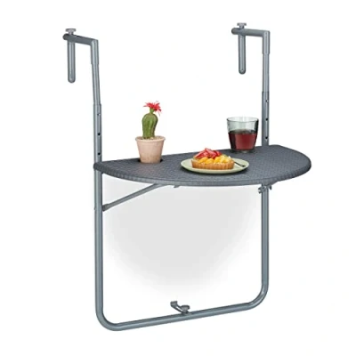 Imagen de Relaxdays Mesa Colgante Balcón, Plegable, 59,5x63cm, 3 Alturas Regulables, 2 Posavasos, Mesita Barandilla Exterior, Gris