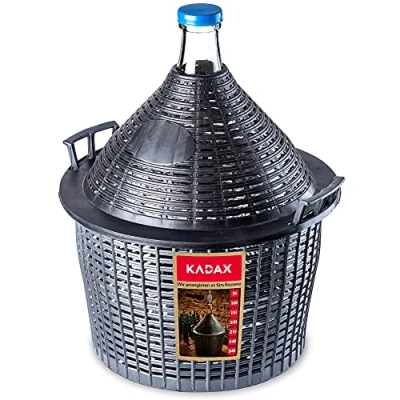 Imagen de KADAX Globo de Cristal con Cesta plástico, tapón Goma, Abertura Estrecha, Botella Vino, Cristal, gallón, Recipiente fermentación, y Gris, (34L) EU