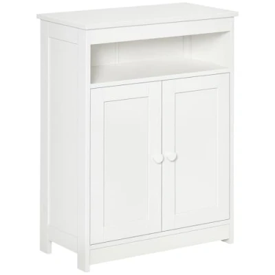 Imagen de HOMCOM Armario Auxiliar de Baño con 2 Puertas Estante Interior Ajustable y Compartimento Abierto Mueble para Salón Cocina 60x30x80 cm Blanco
