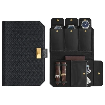Imagen de SONGMICS HOME RONNE Colección Bolsa para 3 Relojes, Caja de Relojes Viaje, Tejido PU Repujado, Organizador Portátil 22 x 14,5 4,5 cm, Idea Regalo, Negro Tinta JWB018B01