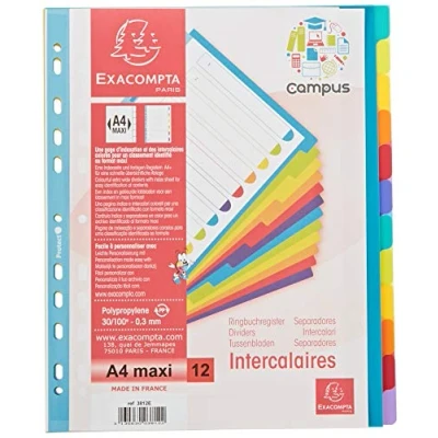 Imagen de Exacompta 3812E Separadores Semiopacos de Polipropileno Rígido con 12 Lengüetas Campus Neutral Página Indización Imprimible Formato Archivo A4 Maxi Colores Translúcidos