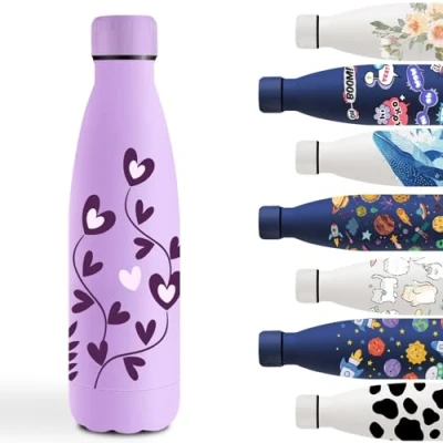Imagen de Botella Agua Acero Inoxidable 500ml, Cantimplora Inoxidable, Personalizada con Flor, Mantiene 24H Frio/12H Calor, para la Escuela, Oficina, Viajar, Café, Yoga, Morado
