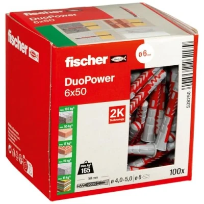 Imagen de FISCHER, DUOPOWER 6x50 L, Tacos para Pared universales de Seguridad, 2 componentes plástico fijación en hormigón, ladrillo, Piedra, cartón Yeso, (100 Uds)