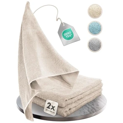 Imagen de Herzbach Home Juego de Toallas HOMEWELL Suaves y absorbentes, 100% algodón, Oeko Tex 100 Certificado (Beige, 2 50x100 cm)