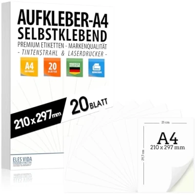 Imagen de Etiquetas A4 20 unidades 210 x 297 mm, imprimibles universalmente, superficie blanca mate, compatible con impresoras de inyección tinta y láser, ideales para aplicaciones versátiles