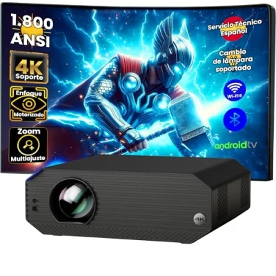 Imagen de Proyector 4K, Unicview K5000, 1800 ANSI lúmenes, Videoproyector Cine en casa y presentaciones con Android, Enfoque motorizado, Keystone 4D, Zoom Digital, HDMI, USB A, C, Audio Jack, Altavoces 10W