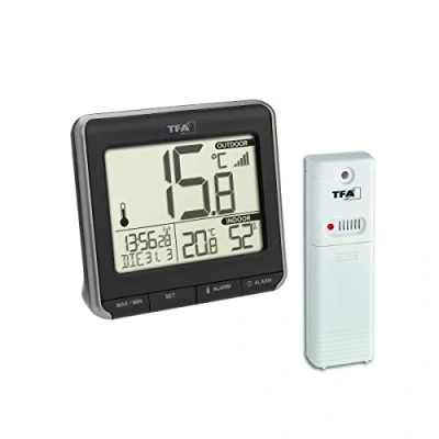 Imagen de TFA Dostmann Prio 30.3069.01 Termómetro digital para interior y exterior (incluye transmisor exterior, con radio, fecha, día de la semana), color negro