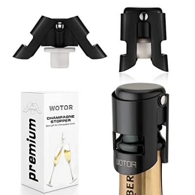 Imagen de WOTOR 3 Piezas Tapon Botella Cava de Acero Inoxidable, Tapón Champán con Boca Sellada Grado Alimenticio, Prosecco, Evitar Fugas y Mantenerse Fresco (Negro)